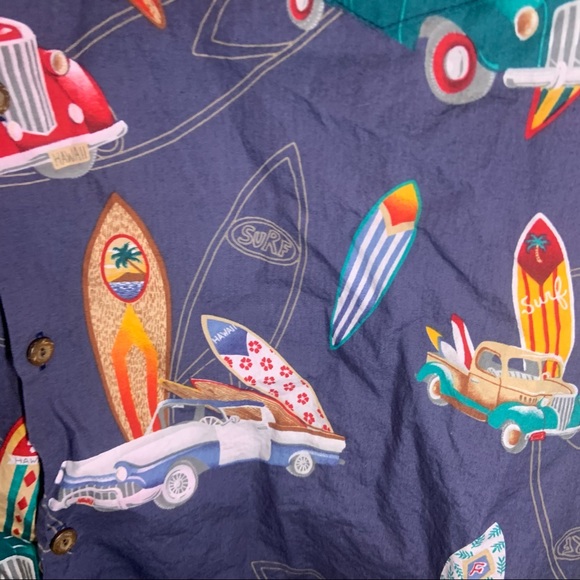 KY’s Blue Multicolor Hot Rod/Surf Board Print Button Up Shirt 2XL - Picture 8 of 9